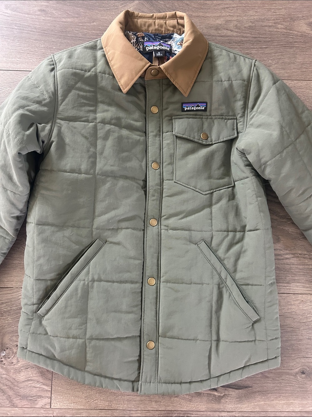 Patagonia Olive Green Kids Quilted Puffer Jacket with Tan Collar